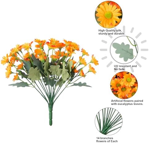 Daisy Artificial Flowers for Outdoors Autumn Fall Decor, 6 Bundles Fake Mums Orange Silk Flowers for Outside Look Real UV Resistant Fake Plants Faux Flowers for Planter Front Door Home Indoor Porch - Image 6