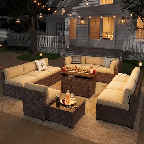 Aoxun Patio Furniture Sets, 12-Piece Outdoor Patio Furniture with 44'' Propane Gas Firepit Table, Wicker Outdoor Conversation Set Sectional Sofa for Backyard, Poolside, Garden - Image 3