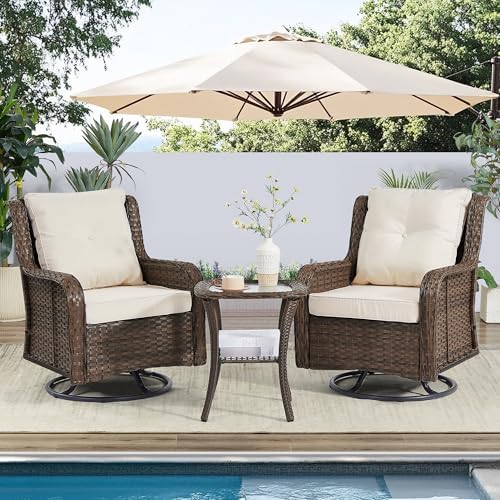 Wumiokio Patio Furniture Sets, 3 Pieces Wicker Outdoor Furniture - 360 Degree Swivel Rocking Chairs and Rattan Side Table for Garden,Porch,Backyard (Brown Wicker/Beige Cushion, 3PCS - Swivel Chairs) - Image 2