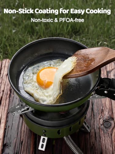Odoland 5pcs Camping Cookware Non-Stick Camping Pot and Pan Set with Kettle and Removable Handle for Hiking Backpacking and Picnic - Image 2