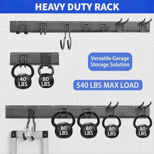 Garage Tool Organizer Wall Mount, 48 Inch Heavy Duty Garden Tool Organizer Storage System, Easy Install with 7 Adjustable Tool Hooks, for Garage, Basement, Shed, Workshop, Black, Steel - Image 3