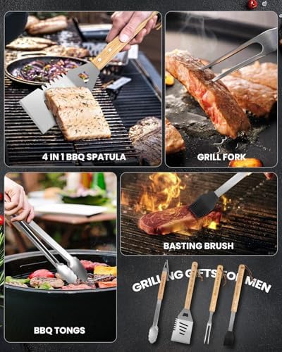 4PCS Grilling Accessories BBQ Tools - Stainless Steel Grill Set with Tongs, Fork, Spatula, Brush, Carrying Bag, Birthday for Men, Father, Husband - Image 5