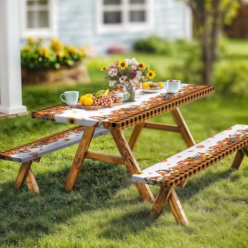 Fall Picnic Table Cover with Bench Covers, Camping Essentials, Thanksgiving Buffalo Plaid Floral Waterproof Windproof, Fitted Tablecloth Cover with Elastic Edge, Indoor & Outdoor, 3 PCS, 30x60 Inch - Image 3