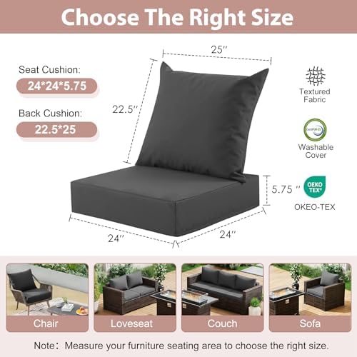Outdoor Deep Seat Cushion Set, 24x24 Inch, Dark Grey, Set of 2 - Image 2