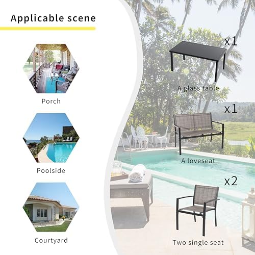 Shintenchi 4 Pieces Patio Furniture Set All Weather Textile Fabric Outdoor Conversation Set, with Glass Coffee Table, Loveseat, 2 Single Chairs for Home, Garden, Lawn, Porch（Light Brown） - Image 5
