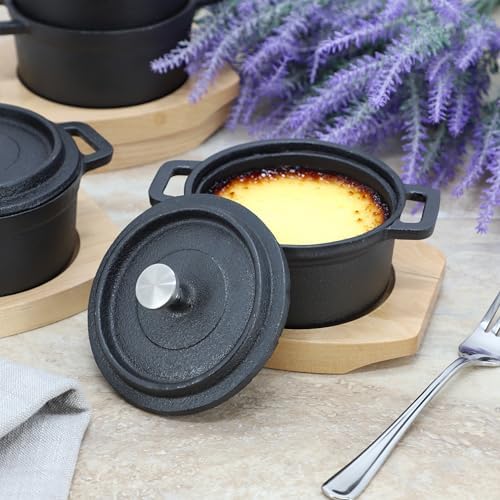 MegaChef Cast Iron 8 Ounce Mini Dutch Oven with Wood Tray, Cookware, Bakeware, Serveware (6 Piece) - Image 7