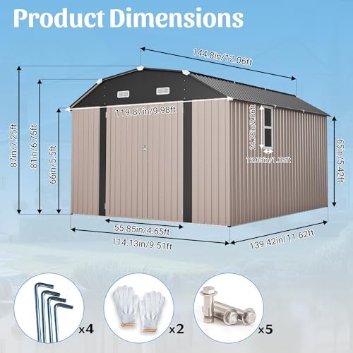 YOPTO 10x12 FT Outdoor Storage Shed,Heavy Duty Metal Shed W/Floor Frame & 2 Windows,Garden Shed W/ 4 Air Vents,Diamond-Shape Roof & Lockable Door,for Backyard,Patio,Lawn,Brown - Image 3