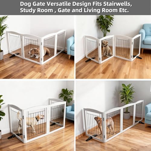 ZJSF Freestanding Dog Fence Indoor, Foldable Dog Gate for Doorways, Stairs or Hallways, Sturdy Wood Extra Wide Pet Gate with Support Feet for The House, White, 32 "Height-4 Panels - Image 4