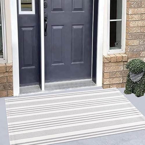 Grey and White Outdoor Rug 24"x51"Fall Washable Striped Front Porch Rug - Image 4