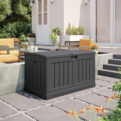 Suncast 50 Gallon Medium Capacity All Weather Construction Resin Outdoor Storage Deck Box with Arched Lid for Patio, Garden, or Pool, Peppercorn - Image 6