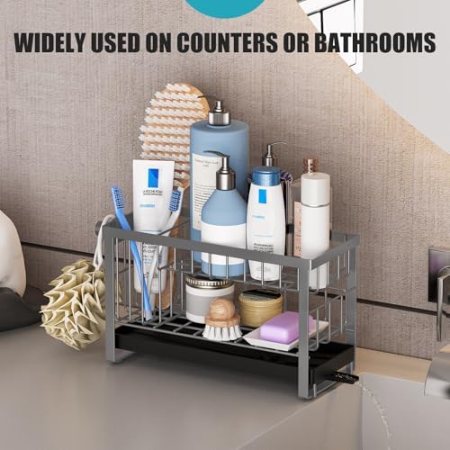 Sponge Holder for Kitchen Sink with Flexible Smiley Face, 2 Tier Kitchen Sink Organizer, Countertop and Storage Essentials, Soap Dispenser Organizer, Home Decor Accessories - Gray - Image 7