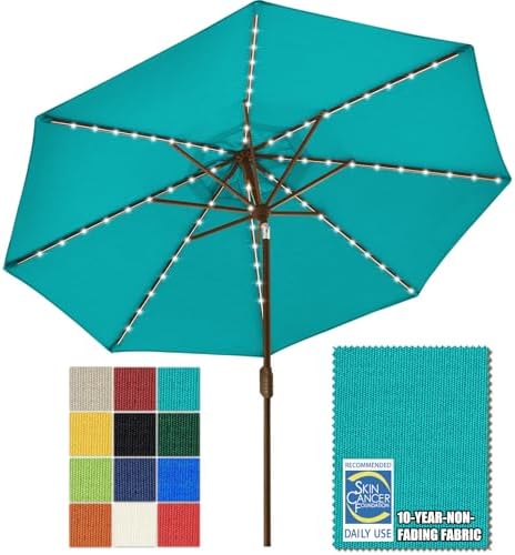 EliteShade USA 10-Year-Non-Fading 9ft Market Patio Umbrella, Commercial Grade Table Sun Umbrella with 80 Solar LED Lights, Crank Open, Windproof & UPF 50+ UV Protection for Garden, Deck, Pool, Backyard, Teal by EliteShade