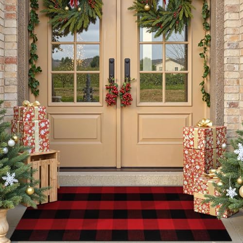 OJIA Christmas Front Door Mat 24"x51" Red Plaid Welcome Mat Front Porch Rug - Image 7