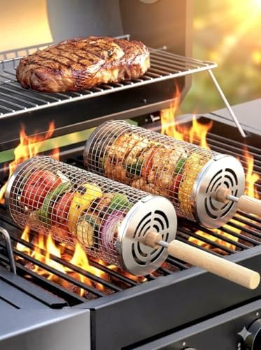 Rolling Grill Basket 2 Pack, Stainless Steel BBQ Gift for Men Dad Husband - Image 3
