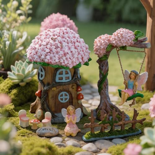 Miniature 8 Pcs Mini Garden Furniture, Fairy Garden Accessories Kit, Resin Figurines with Swing Set, Whimsical Theme, for Outdoor Patio, Yard, Lawn, or Desk by Unknown