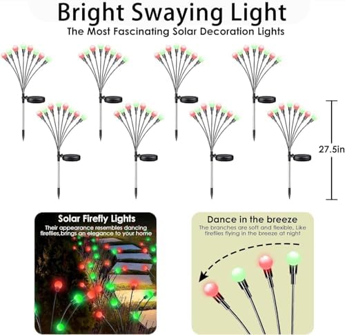 OZS 6Pack Total 48LED Solar Garden Lights Christmas Fairy Outdoor - Solar Firefly Lights Fairy Outdoor, Sway by Wind, Waterproof for Pathway Patio Yard Christmas Decorations(Red&Green) - Image 6