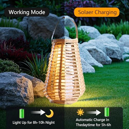 Hanging Solar Lanterns Outdoor Waterproof, Hand-Woven Hemp Rope,10x5.5 Inch - Image 3