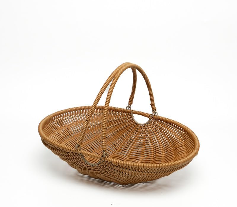 Plastic Imitation Rattan Woven Hand Basket Outdoor Picnic Picking Vegetables and Fruits Kitchen Living Room Egg Snack Basket (Brown1,26x20.5cm) by Unknown