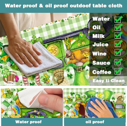 St. Patrick's Day Picnic Table Cover with Bench Covers, Camping Essentials, Plaid Truck Gnomes Clover Outdoor Table Covers, Waterproof, Fitted Tablecloth Cover with Elastic Edge, 3 PCS, 30x72 Inch - Image 6