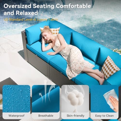 Aoxun Patio Furniture Set with Fire Pit Table, 12 Piece Outdoor Sectional Sofas, 10 Seats Wicker Rattan Outdoor Furniture with Thickened Cushion for Backyard, Garden Peacock Blue - Image 2