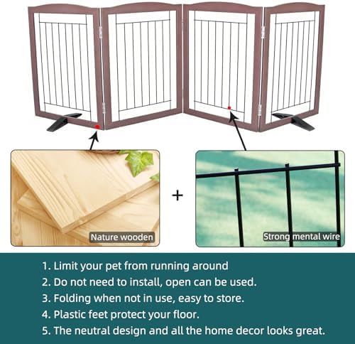 ZJSF Freestanding Dog Fence Indoor, Foldable Dog Gate for Doorways, Stairs or Hallways, Sturdy Wood Extra Wide Pet Gate with Support Feet for The House, Brown, 24 "Height-4 Panels - Image 6