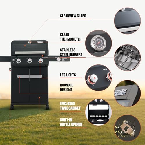 Monument Grills Mesa Series, 3+1 Outdoor Barbecue Stainless Steel Propane Gas Grill, 3 Burners & 1 Side Burner 48,000 BTU Patio Garden Grill with Knob Controls, Mesa325, Black - Image 5