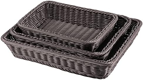 ZOENHOU 3 Packs Poly-Wicker Bread Basket, 16” 14” 12” Handmade Woven Basket, Tabletop Display Organizer Serving Baskets for Home Restaurant Hotel Food Fruit Vegetables Snacks Storage, Dark Brown - Image 4