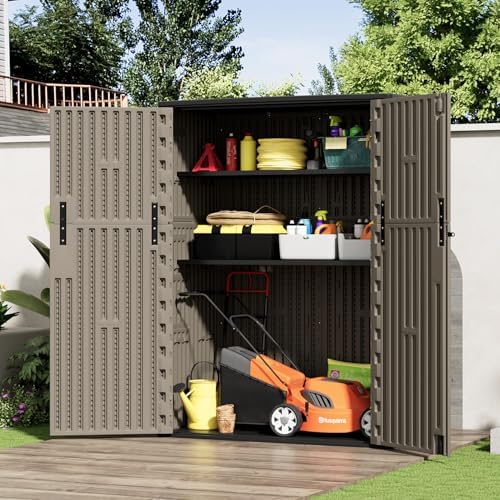 HOMSPARK Outdoor Storage Shed 57 Cu.Ft, All-Weather Resistant Resin Garden Sheds & Outdoor Storage Clearance with Floor, Double-Layer Plastic Tool Sheds for Patio, Garden & Lawn (Shallow Brown) - Image 4