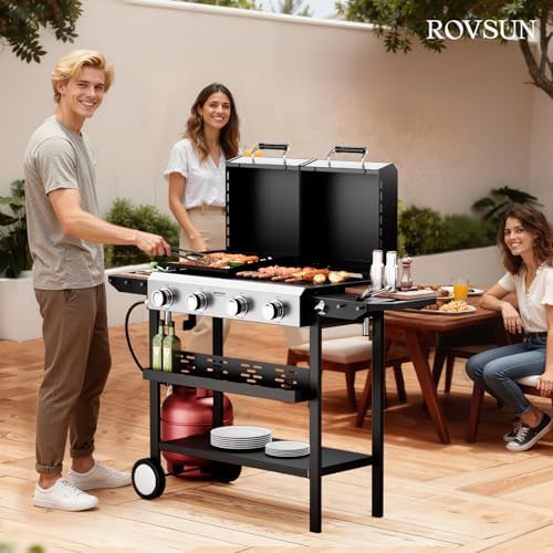 ROVSUN 2-in-1 Propane Gas Grill and Griddle Combo with Lid, 4 Burner Standing Flat Top Griddle & Grill with 40000BTU Output, Auto Ignition, Enamel Grate for Outdoor Backyard BBQ Cooking - Image 7