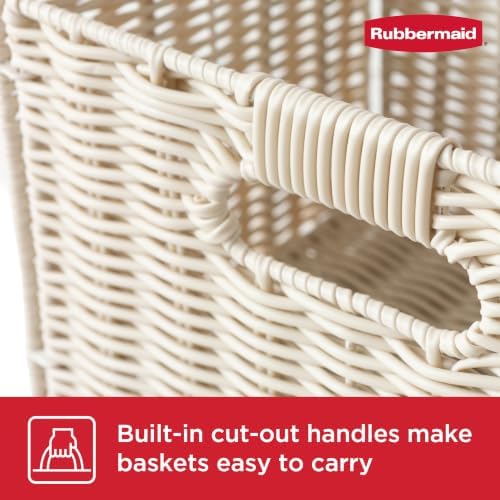 Rubbermaid Woven Storage Baskets - Set of 2 Stackable and Collapsible Bins with Handles, Small Resin Rattan Organizers for Shelves, Closet, Bathroom, Bedroom, 11.5” x 8”, Ivory - Image 5