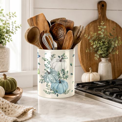 Fall Blue Kitchen Utensil Holder, Pumpkin Large Ceramic Utensil Holder For Kitchen Organizer, Autumn Farm 6.3'' Cooking Utensil Crocks Rustic Decor Utensil Storage Cup for Countertop - Image 3