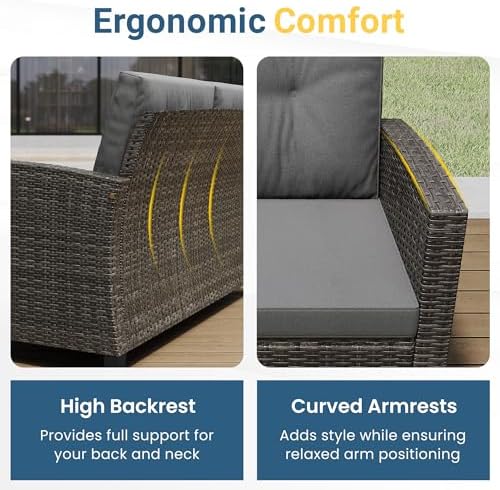 Wisteria Lane 4 Piece Patio Furniture Set, Wicker Outdoor Patio Conversation Furniture Set, All Weather Outdoor Patio Sofa with Cushion and Wood Table, Gray Wood - Image 4