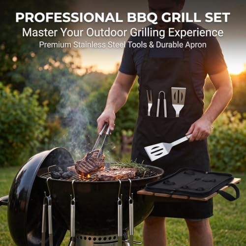 Grill Utensils Set, Grill Tools for Outdoor Grill, Spatula Fork Tong BBQ Grill Accessories with Apron, Stainless Steel Barbecue Grilling Kit for Camping Cooking - Image 3