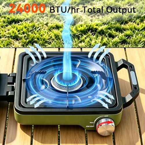 2 Burner Camping Stove with Windshield, 24000 BTU Propane Camp Stove, Portable Folding Camp Stove with Frying Pan, Coffee Stand & Carry Bag, Camping Essentials for Picnic, RV, Camp kitchen, Green - Image 3