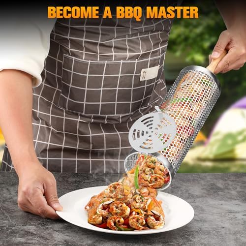 Rolling Grill Basket, Removable Wooden Handle, 304 Stainless Steel, Nesting Smoker Net, BBQ Accessories Tools for Vegetable Shrimp, Outdoor Cooking Camping (A) - Image 4