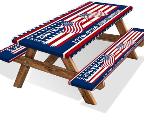 250th Anniversary America Flag Picnic Table Cover with Bench Covers Camping Essentials 250 USA Flag 1776-2026 Waterproof Fitted Camping Tablecloth Cover with Elastic Edge for Outdoor 3 PCS 30x96 Inch by Xguatan
