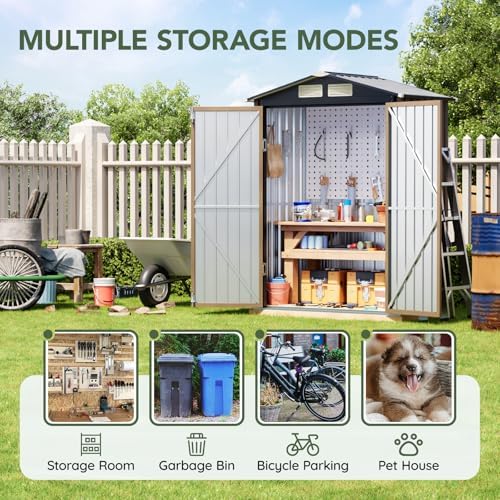 5 x 3 FT Storage Shed with Floor Frame for Backyard, Brown - Image 4