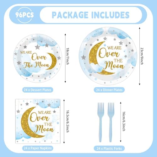 96Pcs Over The Moon Baby Shower Decorations Moon and Stars Party Baby Shower Plates and Napkins Gender Reveal Little Star Birthday Disposable Paper Plates for Celestial Birthday Gatherings Decorations - Image 2