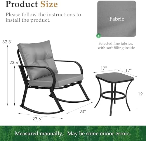 Oakcloud Oakmont Outdoor Furniture 3 Piece Conversation Bistro Set Rocking Chairs and Glass Top Table, Thick Cushions, Black Steel (Grey) - Image 4