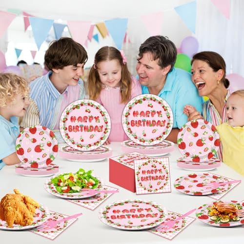 96 PCS Strawberry Theme Birthday Shortcake Party Paper Plates and Napkins Disposable Strawberry Party Plates Dinnerware Berry Sweet Tableware Decor for Baby Shower Birthday Gatherings Decorations - Image 6