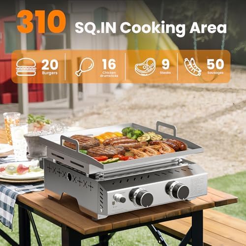 WAA Portable Propane Griddle, 16000BTU Tabletop Portable Propane Gas Grill with 2 Burners, Stainless Steel Flat Top Grill, Outdoor Cooking for Tailgating,Camping, RVs, BBQ, Patio, Silver - Image 5