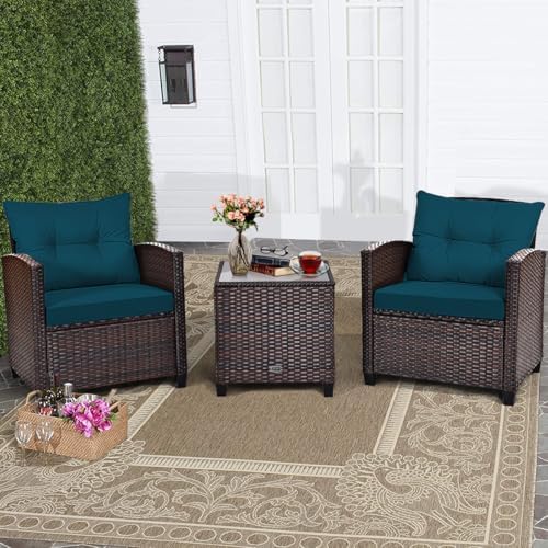 RELAX4LIFE 3 Piece Patio Furniture Set, Wicker Bistro Conversation Set w/2 Cushioned Armchairs & Glass Topped Table, Outdoor Rattan Sofa Set Patio Furniture for Porch Balcony Poolside (Peacock Blue) by RELAX4LIFE