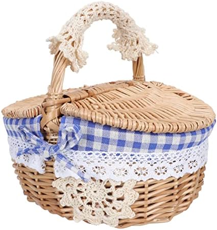 Blue Rattan Picnic Basket with Lid, Woven Storage Hamper for Outdoor by SUPVOX