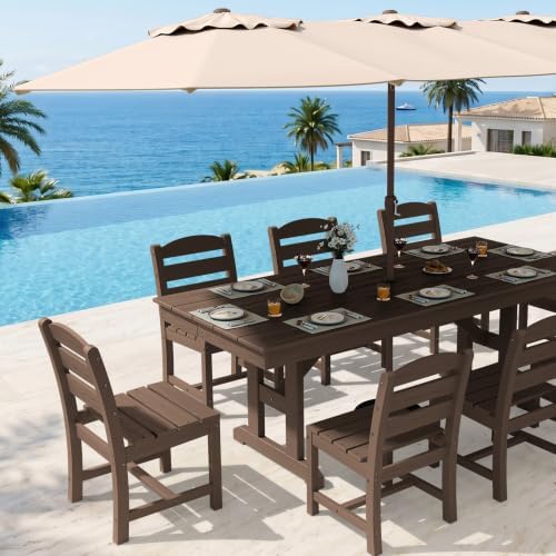 KINGYES Outdoor Dining Table,84'' HDPE Patio Table with Umbrella Hole,Brown - Image 5