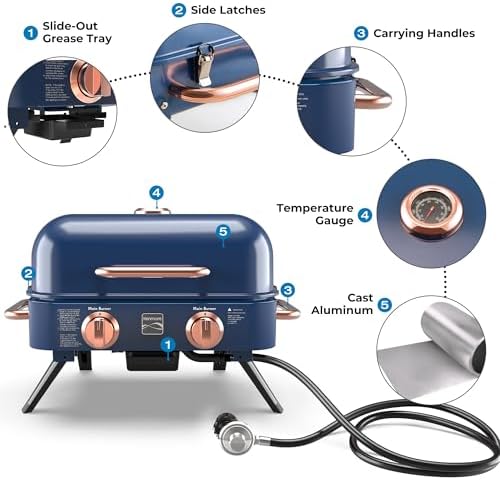 Kenmore Portable Propane Gas Grill - Tabletop BBQ Grill with Warming Rack, 2 Stainless Steel Burners with 14,000 BTUs, for Outdoor Kitchen, Camping, Navy & Copper - Image 6