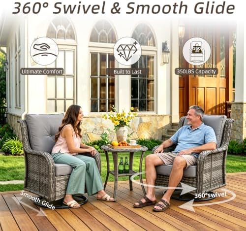 Wumiokio Patio Furniture Sets, 3 Pieces Wicker Outdoor Furniture - 360 Degree Swivel Rocking Chairs and Rattan Side Table for Garden,Porch,Backyard (Grey Wicker/Grey Cushion, 3PCS - Swivel Chairs) - Image 3