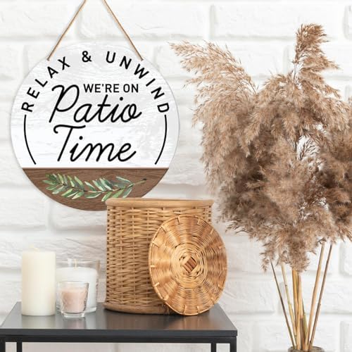 Muktoujaumai Patio Sign Decor, Patio Round Hanging Sign Decor Farmhouse Wall Decorations Outdoor Living Wood Sign for Porch, Deck, Backyard, Housewarming Gift for New House Home, We're Patio Time - Image 3