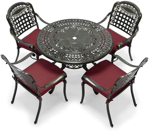 VIVIJASON 5-Piece Patio Furniture Dining Set, All-Weather Cast Aluminum Outdoor Conversation Set, Include 4 Cushioned Chairs and 1 Round Table w/Umbrella Hole for Balcony, Lawn, Backyard, Red Cushion by VIVIJASON