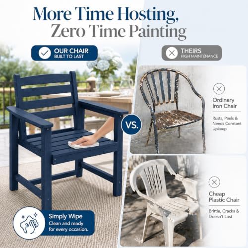 Patio Dining Chairs Set of 2, All-Weather HDPE Outdoor Dining Chair with High Back, Stackable Heavy Duty 400 lbs Lawn Armchair for Backyard Deck Porch Table, Navy Blue - Image 6