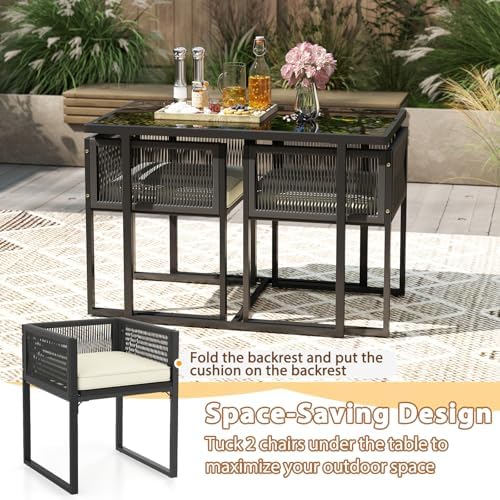 Tangkula 3 Pieces Patio Dining Set, Outdoor Space-Saving PE Wicker Bistro Set with Cushions, Patio Tempered Glass Top Table and Chairs Set for Porch, Garden and Backyard - Image 6
